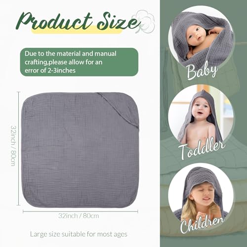 Image of VitalCozy 6 Pcs Baby Muslin Hooded Bath Towels and Washcloths, Muslin Hooded Baby Towels Absorbent Blankets for Gift Newborn Infant Shower (Green,Gray)