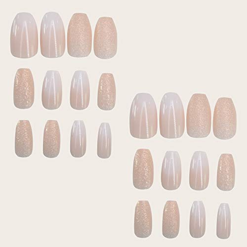 24 pcs Ombre French False Nails Gradient Glitter Artificial Fingernails Pre-glue Press on Full Cover French Natural Gold Acrylic Fake Nails for Women Girls
