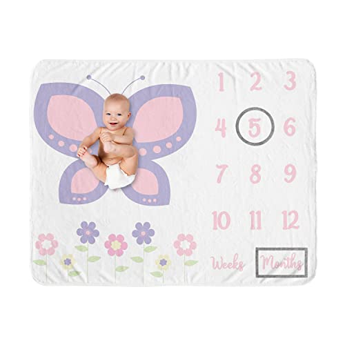 Image of Monthly Milestone Baby Blanket in Pink and Purple Butterfly Design by Sweet Jojo Designs