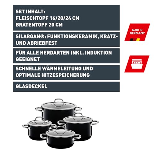 Foto von Silit Passion Black Topfset Induktion 4-teilig, Kochtopf Set mit Glasdeckel, Silargan Funktionskeramik, Induktions Töpfe Set nickelfrei, schwarz