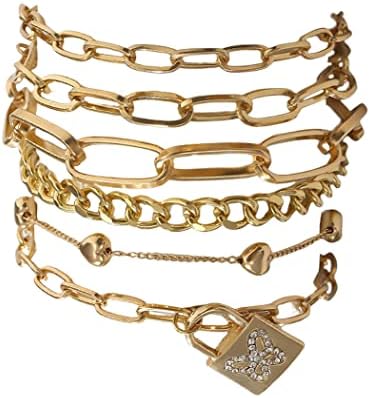Branets Women Heart Bracelets Set Gold Lock with Rhinestone Bracelet Butterfly Adjustable Chunky Flat Cable Chain Punk Bangels for Women and Girls (6 pcs)