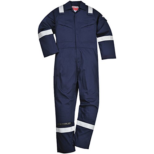 Portwest FR21 Men's Bizflame FR Lightweight Fireproof Coverall Flame Resistant Overall Anti-Static Welding Safety Boiler Suit 100% Cotton Reflective Knee Pad Pockets, Navy, XL