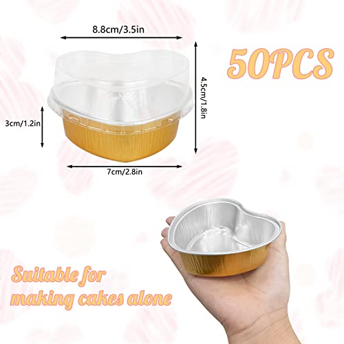 Mini Heart Shaped Cake Pans With Lids,100 Ml 3.4 Oz Disposable Cupcake Cup Mini Aluminum Foil Baking Cups Ramekins Muffin Cupcake Liners For Valentine Wedding Birthday Party,Gold #TOP1