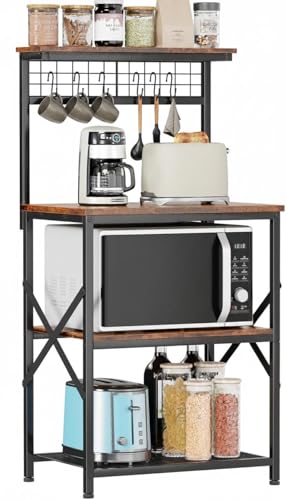4-Tier Kitchen Storage Shelves Rack Drawer Microwave Stand Rustic Brown Wood Finish Organizer for Spices Pots Coffee Bar