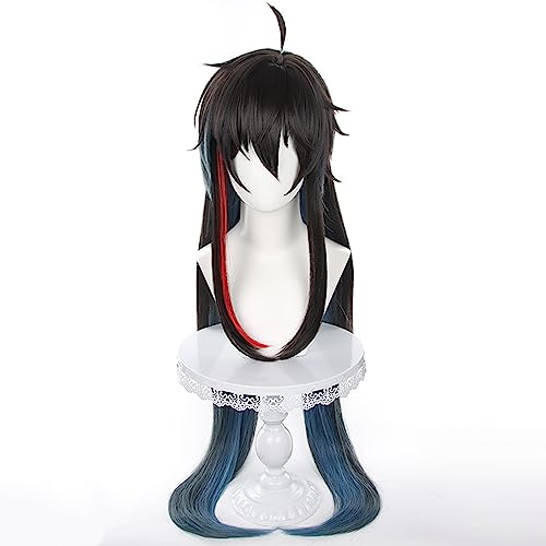 Image of Anime Black Blue mixed Red Wigs Men Long Straight Wig with Ahoge Bangs Layered Haircut Adult Game Dragon Lunae Cosplay Wigs Halloween,Christmas,Comic con,Game Show,Party