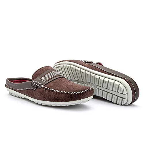 Mule Com Sola Costurada Tênis Aberto Casual Em Couro Camurça Estilo Mocassim Cor:Café;Tamanho:40