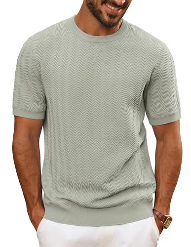 PJ PAUL JONES Mens T Shirt Crew Neck Knitted Tee Shirt, Casual T Shirts UK Short Sleeve Khaki Green L
