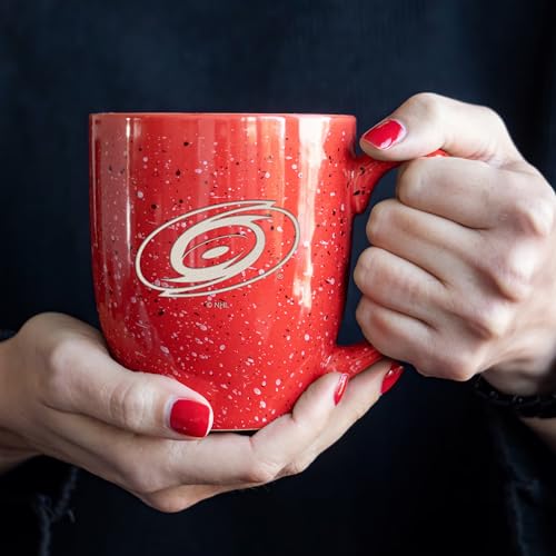 Image of Rico Industries NHL Hockey Carolina Hurricanes Red Personalized 16 oz Team Color Laser Engraved Speckled Ceramic Coffee Mug