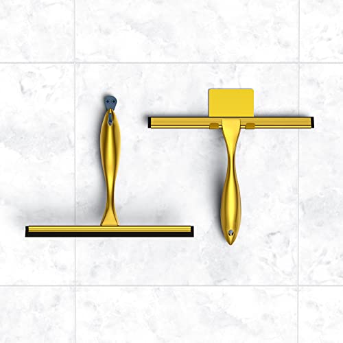Shower Squeegee And Window Squeegee, Stainless Steel, 100% Streak-Free, Cleaner For Bathroom Showers Glass Doors, Home Mirrors, Car Windows Wiper, Adhesive Holder, Shower Door Hook, 10 Inch, Gold #TOP4
