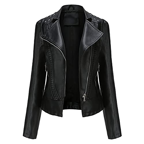 Yue668 Veste en Cuir Cloutée pour Femme, Veste De Moto à Revers Style Mince, Vestes en Cuir pour Femmes Faux Manteau De Moto Manteau Court en Similicuir Léger, Noir, M