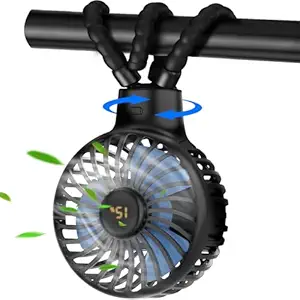 TDONE Baby Stroller Fan, 360?Auto Oscillating Handheld Fan, 4 Speed Rechargeable Small Personal Fan with Flexible Tripods, LED Display 3600mAh Portable Stroller Fan for Car Seat Crib Travel(Black)