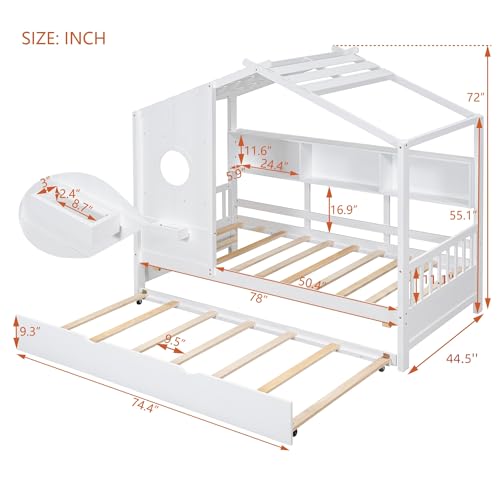 Image of Twin Size House Bed with Roof and Window for Kids, Wooden Playhouse Bed with Storage Shelves and Trundle for Bedroom Furniture Girls & Boys (White /T1)