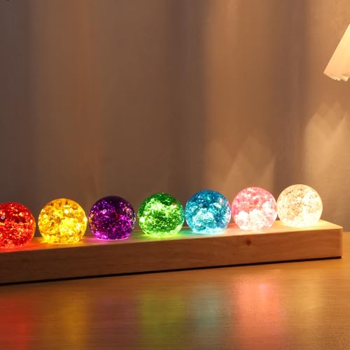 7 Farbige Kristallkugel Nachtlicht,40mm Eis Riss Kugeln mit LED-Holzsockel,360° Drehbar,Fantastische Sternkugel aus Farbigem Glas,Dekoration für Zuhause,Zimmer und Büro,Geschenk für Freunde,Lehrer(A)
