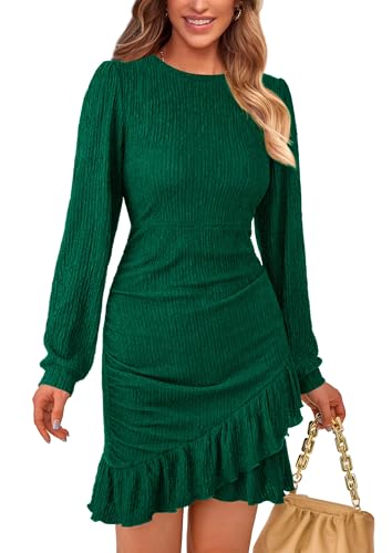 PRETTYGARDEN Women's Spring Fall Ruched Bodycon Mini Dress Long Puff Sleeve Ruffle Fitted Cocktail...