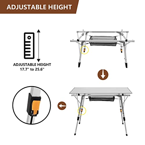 Gardimax Outdoor Camping Table Folding Picnic Table With Adjustable Aluminum Lightweight Roll Up Table Top And Mesh Layer, Silver #TOP3