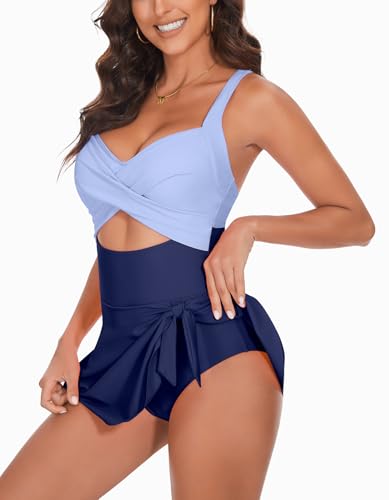 MFAVIP One Piece Swimsuit Women Tummy Control Swim Dress Sexy Criss Cross Tie Back Bathing Suit Blue — view 5