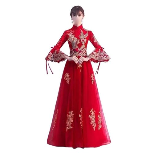Cheongsam mariée bordeaux confortable à manches évasées pour éviter les robes lourdes