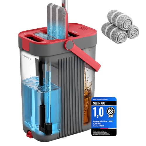 SONGMICS Wischmopp-Set mit Eimer, Bodenwischer, 3 Mikrofaserbezüge