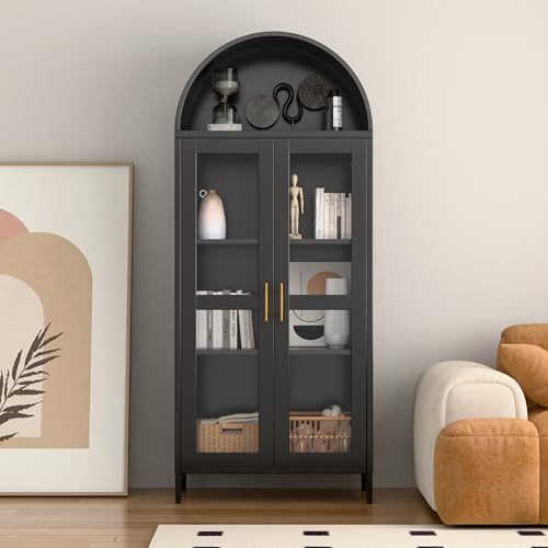 Image of 73-Inch Metal Arched Curio Cabinet with Motion Sensor LED Lights | Black metal cabinet with glass doors, 2 adjustable shelves and 3 motion-sensor LED strips; assembly required.