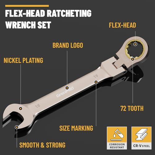 GRENPRO Wrench Set Ratchet Wrench, Ratchet Wrenches Set, 13-Piece Metric Flex-Head Ratcheting Wrench Set Metric and Standard 8-19 mm with Gauge Organizer, 72 Tooth Open End Combination Wrench Sets
