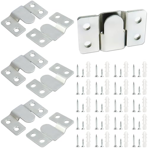 4 Pairs Stainless Steel Flush Mount Bracket Interlocking Headboard Hardware for Picture Hangers,Interlocking Heavy Duty Photo Frame Hook,Interlock Bracket Furniture Connector (Silver)