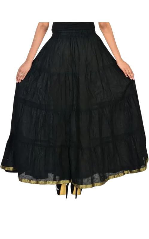 Women Ethnic Long Tiered & Layered Cotton Solid Maxi Skirt with Elasticated Waist & Golden Lace Border-picture-10