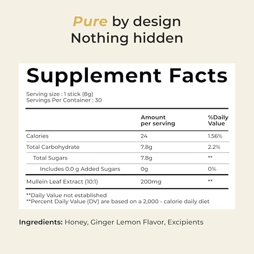 Image of Trusted Rituals Mullein Honey Sticks - 2000mg Mullein per Stick - Lung Detox & Respiratory Health Support - Mullein Leaf Extract Supplement with Raw Honey - Ginger Lemon Flavor - Throat Soothing & Seasonal Comfort - For Smokers and Seasonal Allergy Support - 30 Sticks