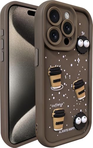 Image of SHINESTAR Back Cover for iPhone 15 Pro - 3D Cartoon Coffee & Eyes Design | Soft Silicone Shockproof Case with Full Camera Protection | Cute & Playful Phone Cover - Brown