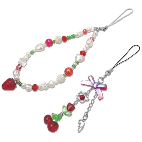 cioatu 2 Pack Phone Charms, Cute Aesthetic Beaded Phone Charm Strap Phone Lanyard String Phone Chain Accessories for Phone Bag Keychain Airpods Camera Pendants (Red) Cover