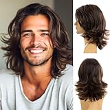 Qnbiar Peluca de hombre marrón natural con rayas cortas laterales sintéticas para Halloween, cosplay, fiesta, peluca completa
