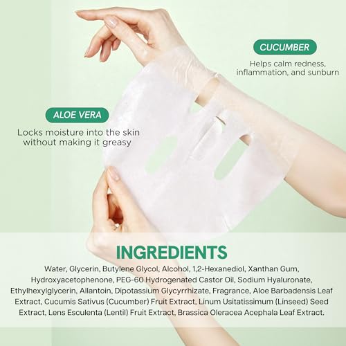 Image of Skin 2.0 Cucumber & Aloe Face Mask - Dermatologist Tested, Anti Aging, Korean Skin Care - Hydrating, Moisturizing, Cooling & Calming For Sensitive, Supple Skin - Vegan, Clean Beauty - 5 Count