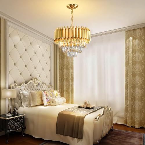 Image of Manraj Modern Crystal Chandelier, 400 mm Round, 3-Tier Pure Gold, K9 Crystal Ceiling Light Fixture for Living Room and Hallway (Pure Gold, 400mm)