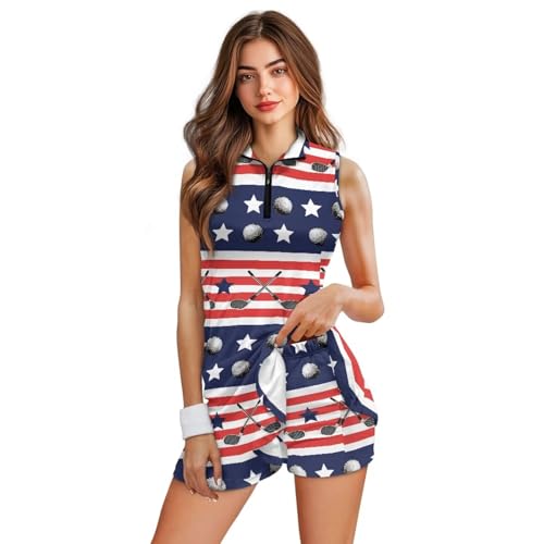 GULANGYU USA Golf Theme Athletic Dress for Women Tennis Dress Workout Golf Active Wear Mini Sun Dresses with Shorts Pockets Teen Girls Patriotic Trendy Clothes Casual Summer Beach Going Out