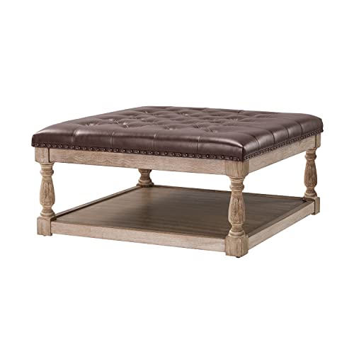 Hulala Home Large Leather Square Ottoman Coffee Table With Storage, Button Tufted Brown Cocktail Ottoman With Shelf & Solid Wood Legs, Upholstered Farmhouse Footrest Ottoman For Living Room #TOP6