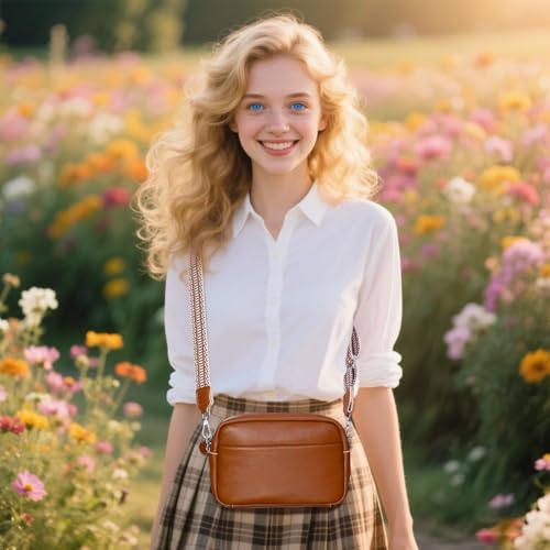 Image of Small Crossbody Bags for Women Genuine Leather, Guitar Strap Shoulder Handbag Purse Camera Bag with Rfid Card Slots, brown
