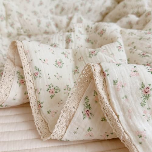 Image of BuLuTu 2-Layer Muslin Cotton Kids Quilt for Twin Bed, Soft Gauze Blanket Lace Edged, Girls Boys Toddler Comforter, Breathable Lightweight, Pomegranate Pattern, 60 inchx78 inch, Machine Washable
