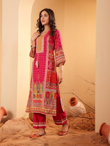 Image of Varanga Women Fuchsia Pink Ethnic Printed Straight Kurta with Embroidered Trouser - Stylish Ethnic Set