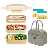 JBGOYON® Bento Lunch Box Set - 3 Stackable Containers for Adults and Kids- Includes Lunch Bag, Leak-Proof and BPA-Free - Built-in Utensil Set and Snack Bag - Dishwasher Safe (Khaki)