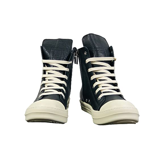 Women Men Casual Leather Ankle Boots Lace Up Sneaker Zip High-Top Flats Fashion Pink Black Shoes (Black Women/Men 14/12) #TOP5