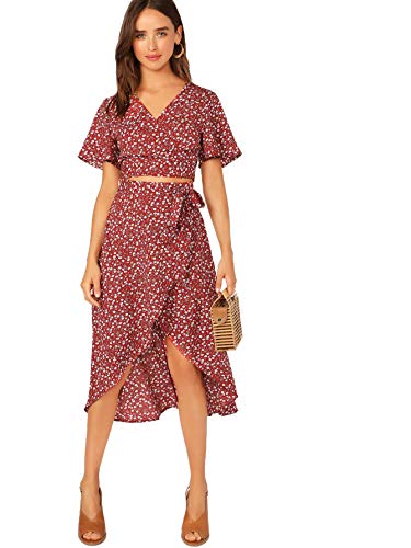 Shein Women's Floral Flutter Short Sleeve Crop Top & Flounce Hem Wrap Skirt Set Small Red #TOP2