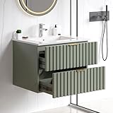 ONBRILL 24 Inch Bathroom Vanity with Sink Combo, Floating Bathroom Vanity with 2 Fluted Drawers & Metal Handle, Modern Wall Mount Storage Cabinet with Ceramic Integrated Sink for Small Space (Green)