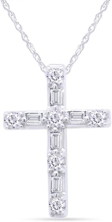 AFFY 1/4 Cttw Round & Baguette Cut Natural Diamond Cross 14K Gold Plated 925 Sterling Silver Ladies Women Pendant Necklace 18"