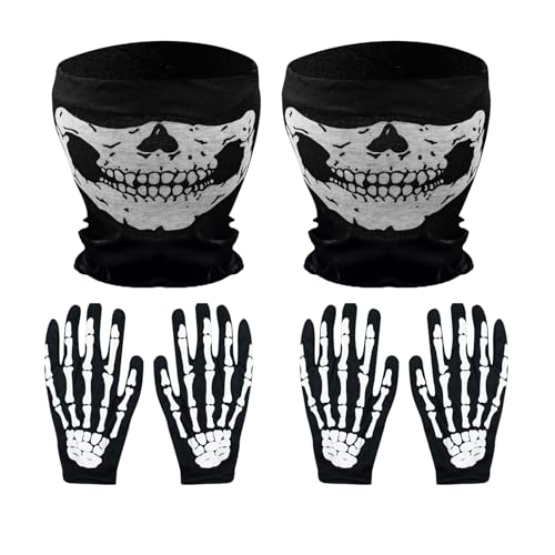 TOUGS White Skeleton Gloves and Skull Face Mask Ghost Bones for Halloween Dance Costume Party, Cosplay, Cycling, Running