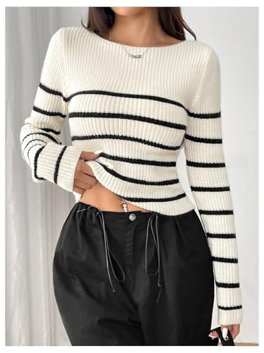 Verdusa Women's Striped Sweaters Fall Outfits Long Sleeve Boat Neck Knitted Pullover Crop Tops3
