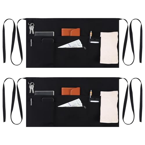 Image of saerryor 2Pcs Black Waist Apron with 8 Pockets, Adjustable Server Aprons, Cotton Waitress Apron for Waiter Chef Women Men Cooking Baking