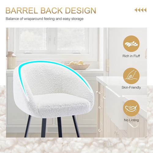 Zesthouse Swivel Counter Height Stools Set of 2, Modern Bar Stools for Kitchen Island, 26\'\' White Sherpa Kitchen Counter Height Chairs with Barrel Arms & Backs, Upholstered Fabric Bar Chairs