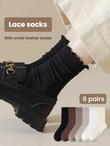 6 Pairs Women's Scalloped Cotton Socks Frilly and Ruffle Socks Breathable Soft Crew Socks4