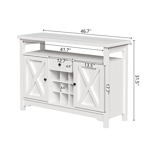 4Ever2Buy Coffee Bar Cabinet With Storage, Farmhouse Coffee Bar With 9 Wine Racks Barn Door, White Sideboard Buffet Cabinet With Drawer, Wine Bar Cabinet With Adjustable Shelf For Dining, Living Room #TOP1