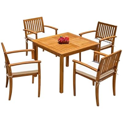 Flamaker 5 Piece Outdoor Dining Set Acacia Wood Patio Table and Chairs with Soft Cushions Patio Furniture for Deck, Backyard, Garden