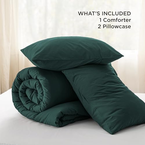 Image of Bedsure Comforter Set Queen Size - Cotton Fabric with Microfiber Inner Fill, Forest Green PureWoven Soft Bed Set for All Seasons, 3 Pieces, 1 Comforter (90 inchx90 inch) and 2 Pillow Cases (20 inchx26 inch)